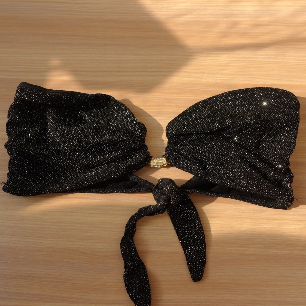 Vintage Y2K Bandeau Bikini Top Women D Cup Black Glam Shimmer Rhinestone SAUVAGE